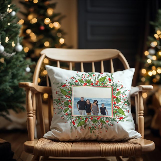 Photo family Christmas Green Red  Throw Pillow (Creator Uploaded)