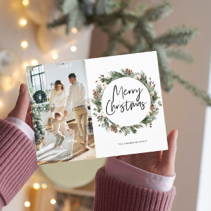 Photo Family Merry Christmas Pine Wreath Postca Postcard