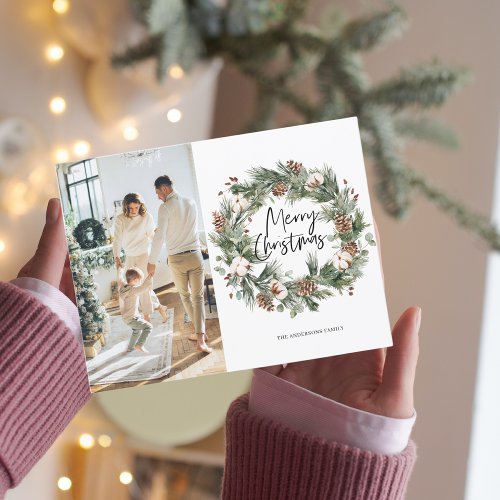  Photo Family  Merry Christmas Pine Wreath Postcard