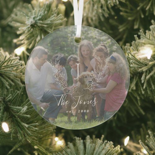 Photo family name monogram personalized elegant glass ornament