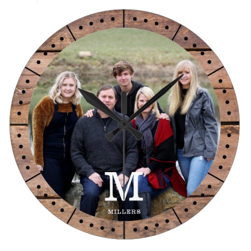 Photo Family Name Monogram Rustic Brown Wood Large Clock