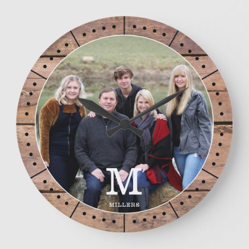   Photo Family Name Monogram Rustic Brown Wood  Large Clock