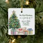 Photo Family of Any Number Christmas Tree and Crib Ceramic Ornament<br><div class="desc">Our First Christmas as a family of 5 (editable for any number) personalized with your names, the year and a photo on the back. The design features a lit christmas tree with crib and gift wrapped presents. Sweet new baby themed holiday ornament keepsake to celebrate a new addition to your...</div>