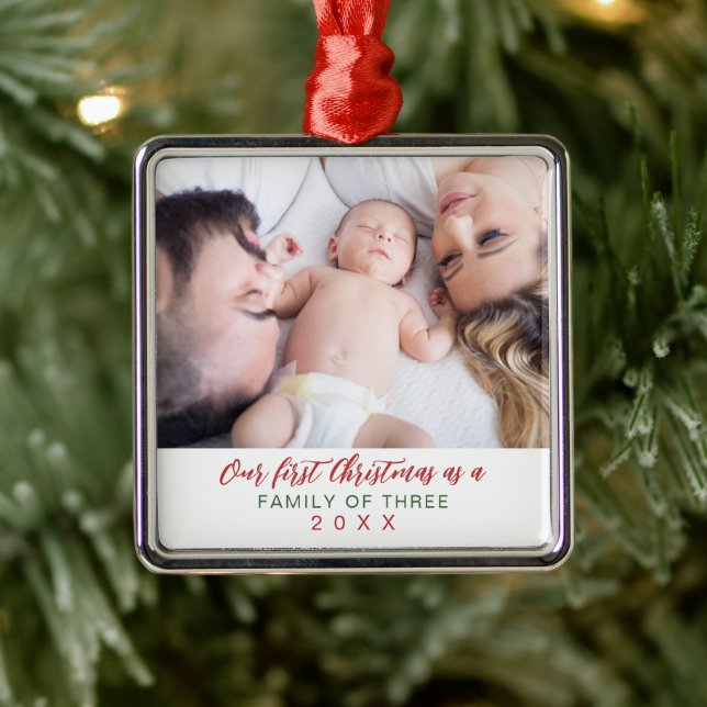Photo Family of Three First Christmas Metal Ornament (Tree)