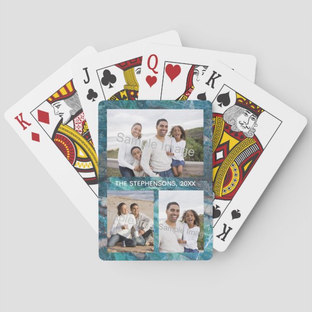 Photo Family/Pet Collage Turquoise Marble Poker Cards (Back)
