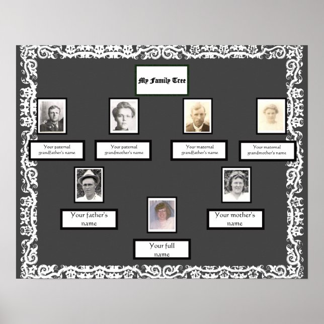 Photo Family Tree Lace Look Border on Dark Gray Poster (Front)