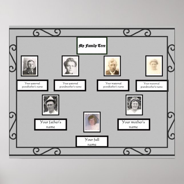 Photo Family Tree Wrought Iron Look Border on Gray Poster (Front)