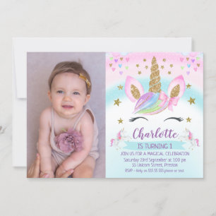 Photo Faux Gold Unicorn Rainbow 1st Birthday Invitation