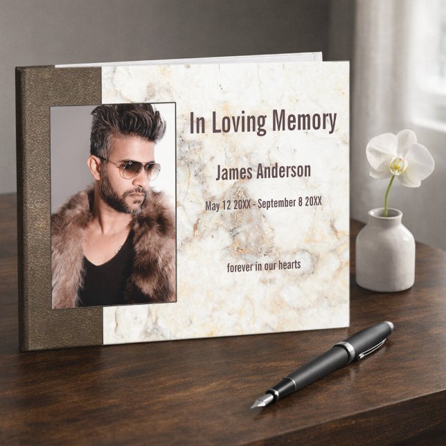 Photo Faux Leather Marble Memorial  Guest Book (Guest book featuring your custom photo framed by a stylish marble and brown faux leather design)