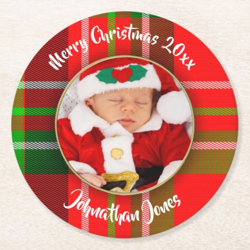 Photo _ Festive Christmas Red Tartan Picture Frame Round Paper Coaster