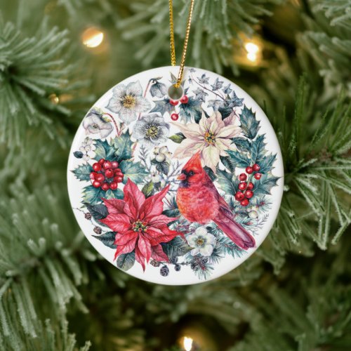 PHOTO Festive Watercolor Holly Berry Christmas Cer Ceramic Ornament