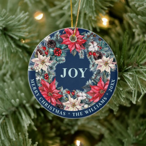 PHOTO Festive Watercolor Holly Berry Christmas Ceramic Ornament