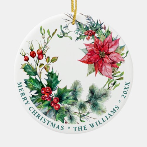 PHOTO Festive Watercolor Holly Berry Christmas Ceramic Ornament