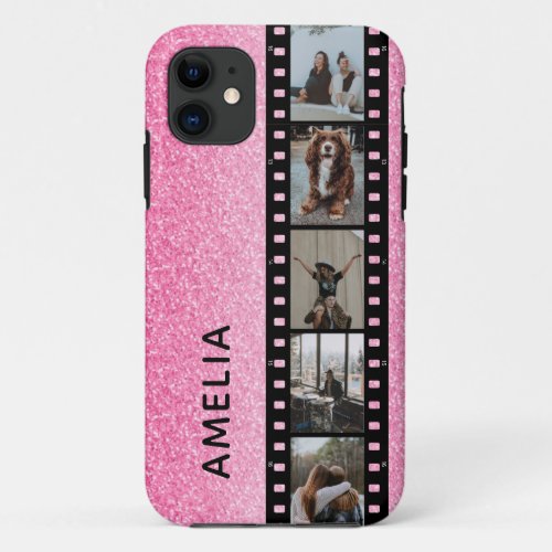 Photo Film Strip Hot Pink Glitter Personalized iPhone 11 Case