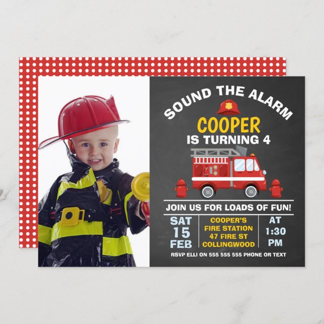 Photo Fire Engine And Hydrant Birthday Invitation (Front/Back)