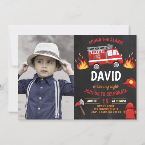 Photo Fireman Chalkboard Firetruck Boy Birthday Invitation