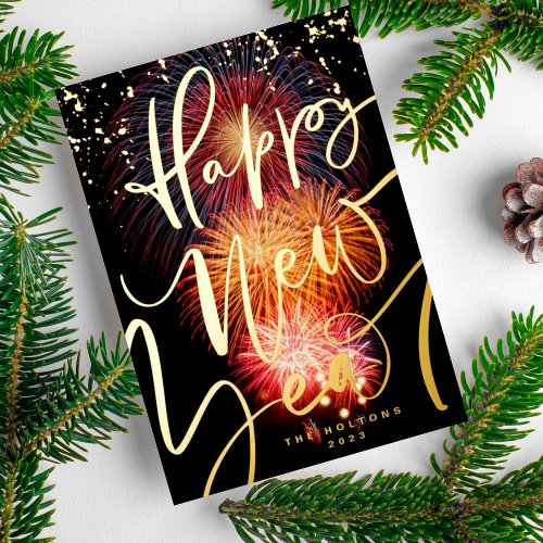 PHOTO FIREWORKS GOLD HAPPY NEW YEAR 2025 FOIL HOLIDAY CARD