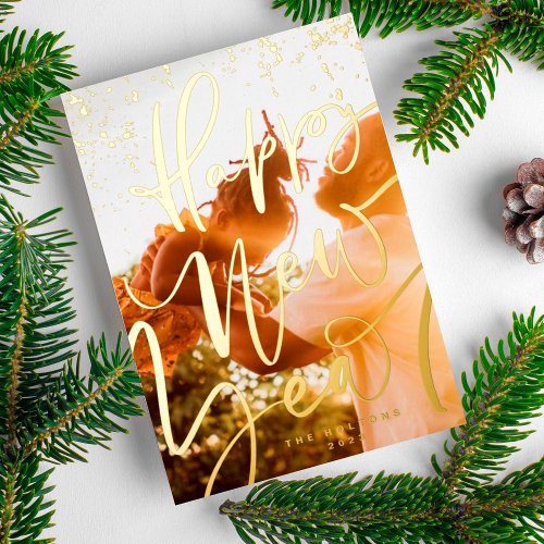 Photo Fireworks Gold Happy New Year 2025 Foil Holiday Card