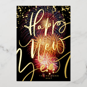 PHOTO FIREWORKS GOLD HAPPY NEW YEAR 2026 FOIL HOLIDAY CARD