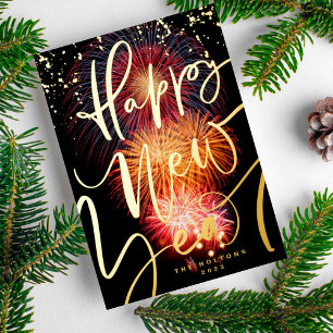 PHOTO FIREWORKS GOLD HAPPY NEW YEAR 2026 FOIL HOLIDAY CARD