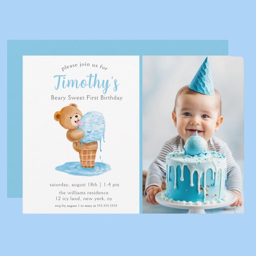 Photo First Birthday Boy Teddy Bear Ice Cream Invitation