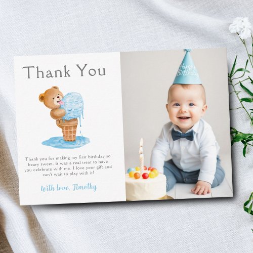 Photo First Birthday Boy Teddy Bear Ice Cream Thank You Card