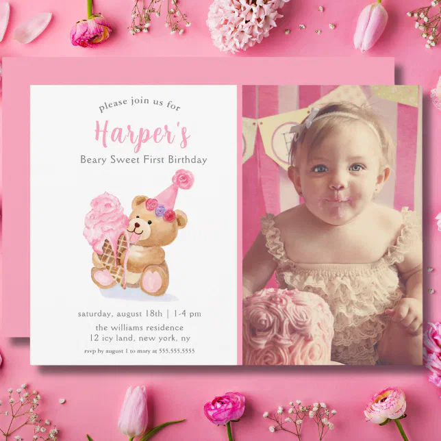 Photo First Birthday Girl Teddy Bear Ice Cream Invitation | Zazzle