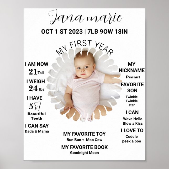 Photo First Birthday Milestone Board Template Poster (Front)