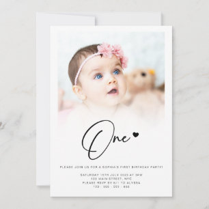 Photo First Birthday One Heart Cute Lovely Invitation