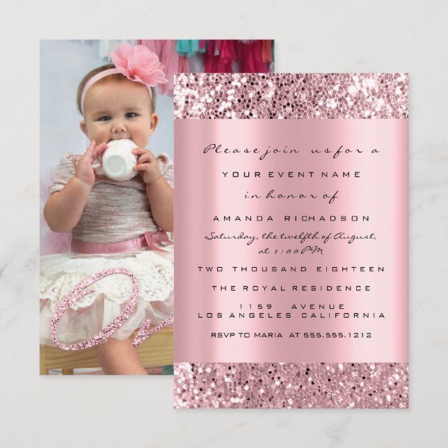 Photo First Birthday Party Glitter Rose Pink Invitation (Front/Back)