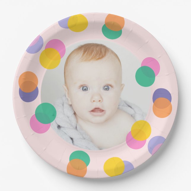 Photo First Birthday Pastel Pink Confetti Paper Plates (Front)