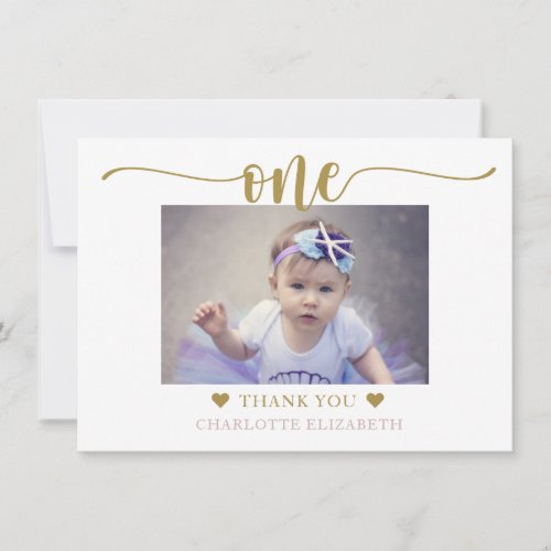 Photo First Birthday Purple Gold Thank You Card