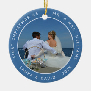 Photo First Christmas as Mr and Mrs Blue Wedding Ceramic Ornament