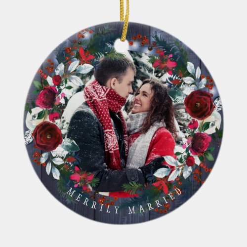 Photo First Christmas as Mr and Mrs rustic winter Ceramic Ornament