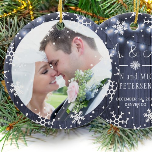 Photo First Christmas as Mr and Mrs rustic winter Ceramic Ornament