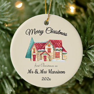 Photo First Christmas As Mr & Mrs Newlyweds Round Ceramic Ornament
