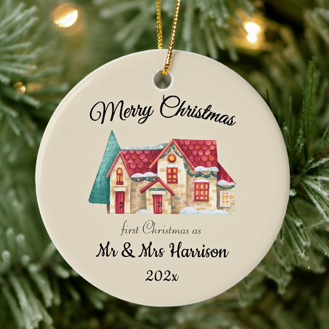Photo First Christmas As Mr & Mrs Newlyweds Round Ceramic Ornament (Creator Uploaded)