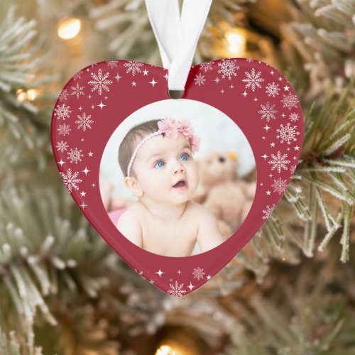 Photo First Christmas Baby Girl Snow Red Heart Ornament