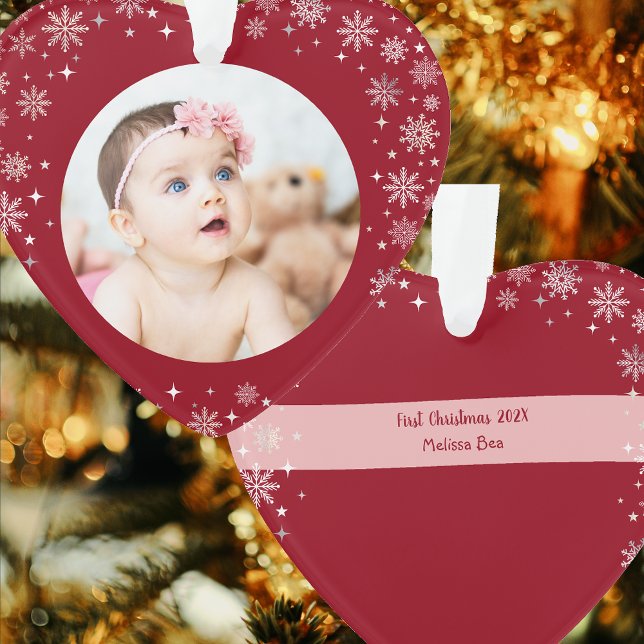 Photo First Christmas Baby Girl Snow Red Heart Ornament (Elegant Cute Modern My First Christmas Baby Personalized Name Year 1 Photo Snowflakes Heart-Shaped)