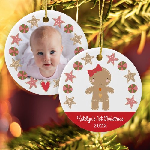 Photo First Christmas Gingerbread Baby Girl Red Ceramic Ornament