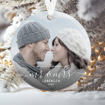 Photo First Christmas Married White Script Ornament<br><div class="desc">Commemorate the first Christmas of your marriage with this beautiful modern keepsake ornament. The white text reads "Our first Christmas as Mr & Mrs, " with the words "Mr & Mrs" in elegant handwriting script with flourishes before and after. Replace the sample image with your favorite photo, and add your...</div>