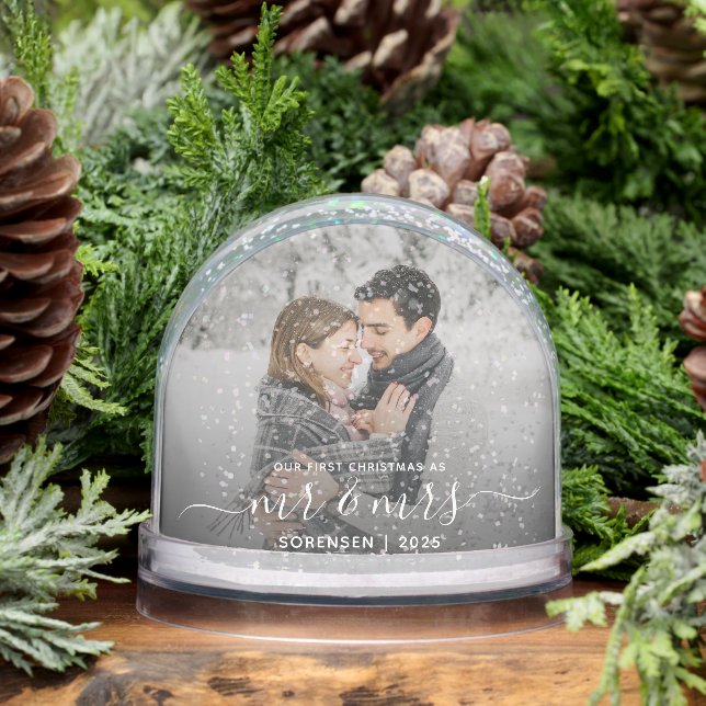 Photo First Christmas Married White Script Snow Globe (Winter)