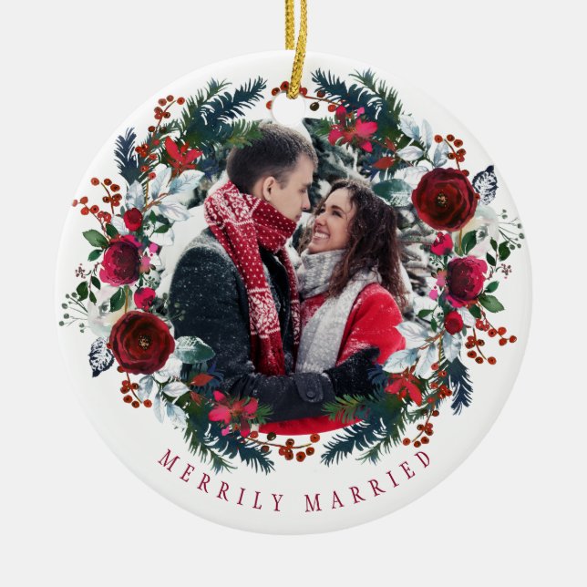 Photo First Christmas Mr and Mrs merrily married Ceramic Ornament (Front)