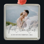 Photo First Christmas Mr Mrs Name Year Metal Ornament<br><div class="desc">Photo Overlay First Christmas As Mr And Mrs Name Year. To celebrate your first holiday as a married couple, easily personalize your names and year. With a stylish set script for First Christmas. Choose your favorite photo to replace the sample picture. Changes to colors of text can be made to...</div>