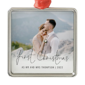 Photo First Christmas Mr Mrs Name Year Metal Ornament