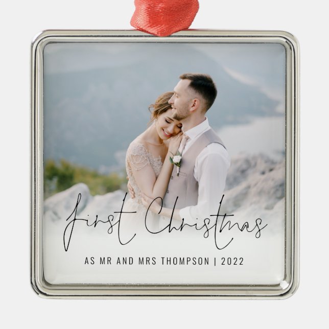 Photo First Christmas Mr Mrs Name Year Metal Ornament (Front)