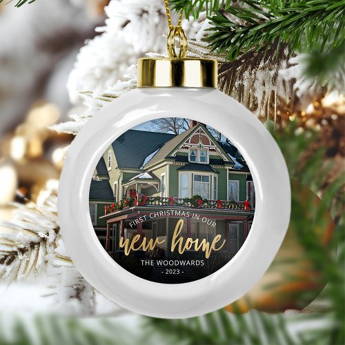 Photo First Christmas New Home Gold Script Ceramic Ball Christmas Ornament