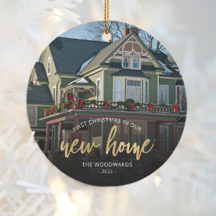 Photo First Christmas New Home Gold Script Ceramic Ornament