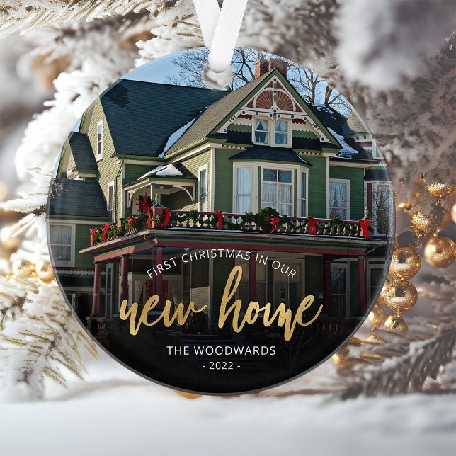 Photo First Christmas New Home Gold Script Ornament (Creator Uploaded)