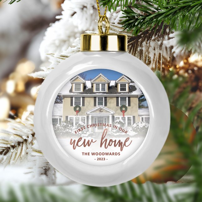 Photo First Christmas New Home Rose Gold Script Ceramic Ball Christmas Ornament (Creator Uploaded)